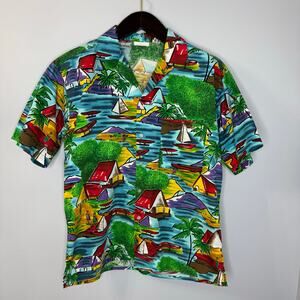 VINTAGE 80s Gottex Hawaiian Unisex Shirt Boat Graphic Shirt Aloha Shirt Men's M